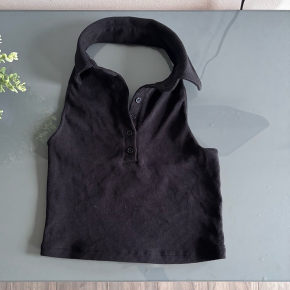 Garage Black Cropped Buttoned Halter Ribbed Polo Tank - Picture 2 of 5